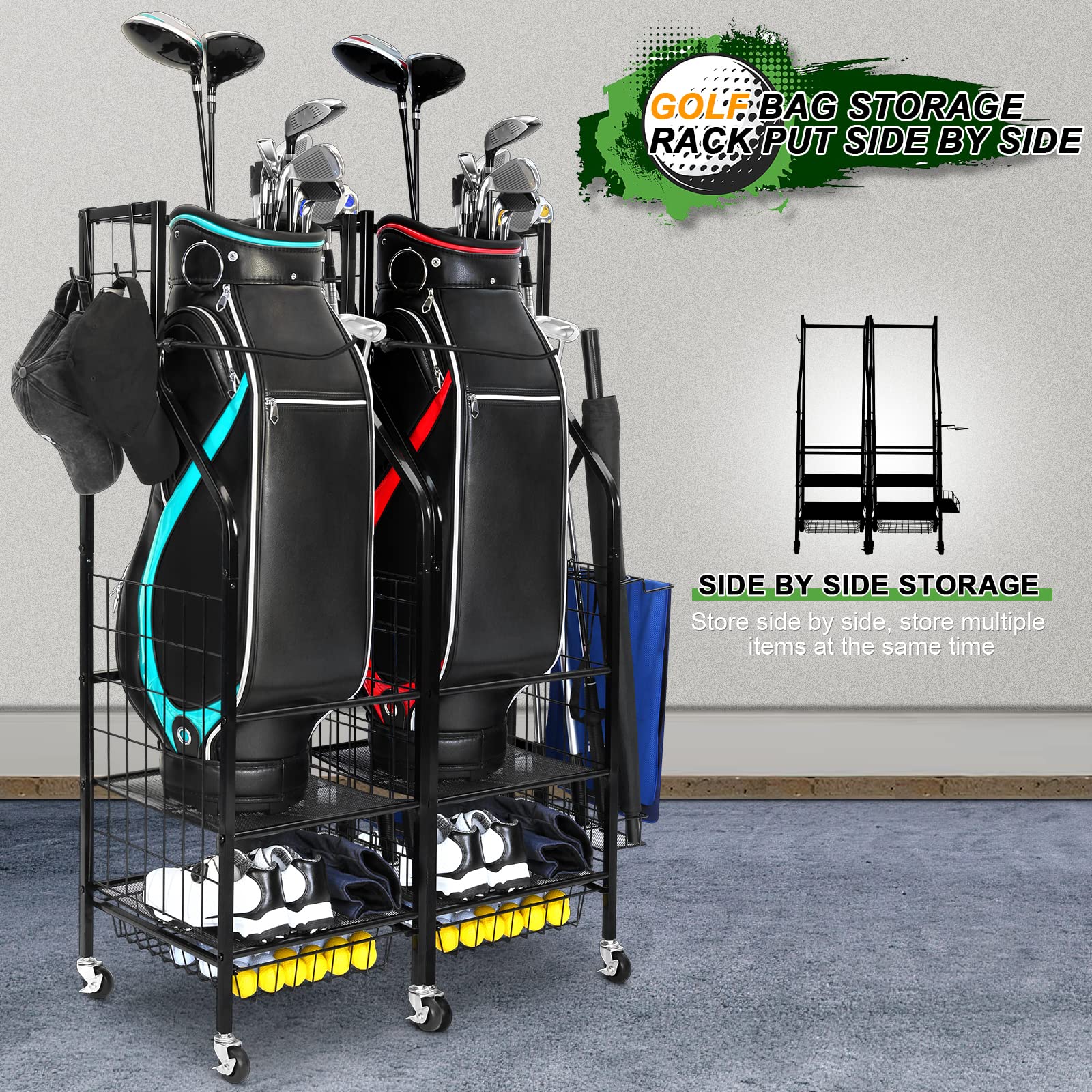 Golf Bags Storage Garage Organizer - Golf Bag Stand Fit Single Golf Bags, Golf Clubs, and Golf Equipment Accessories, Golf Bag Storage Rack with Wheels for Garage, Club, Shed, Basement
