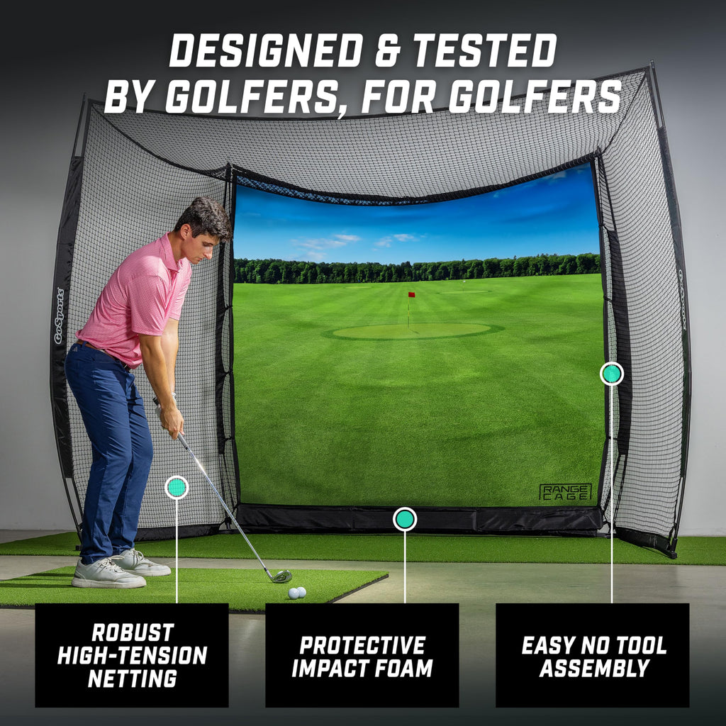 GoSports Range Cage 10 x 8 ft Golf Practice Hitting Net - Choose Between Printed Graphics Impact Screen, Blank Simulator Screen, or Classic Net
