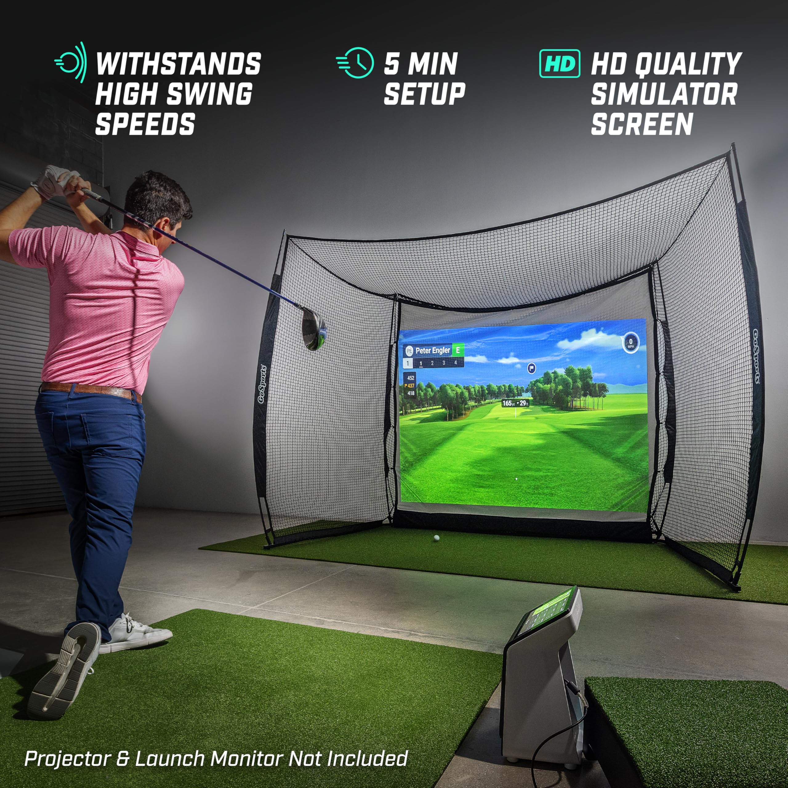 GoSports Range Cage 10 x 8 ft Golf Practice Hitting Net - Choose Between Printed Graphics Impact Screen, Blank Simulator Screen, or Classic Net