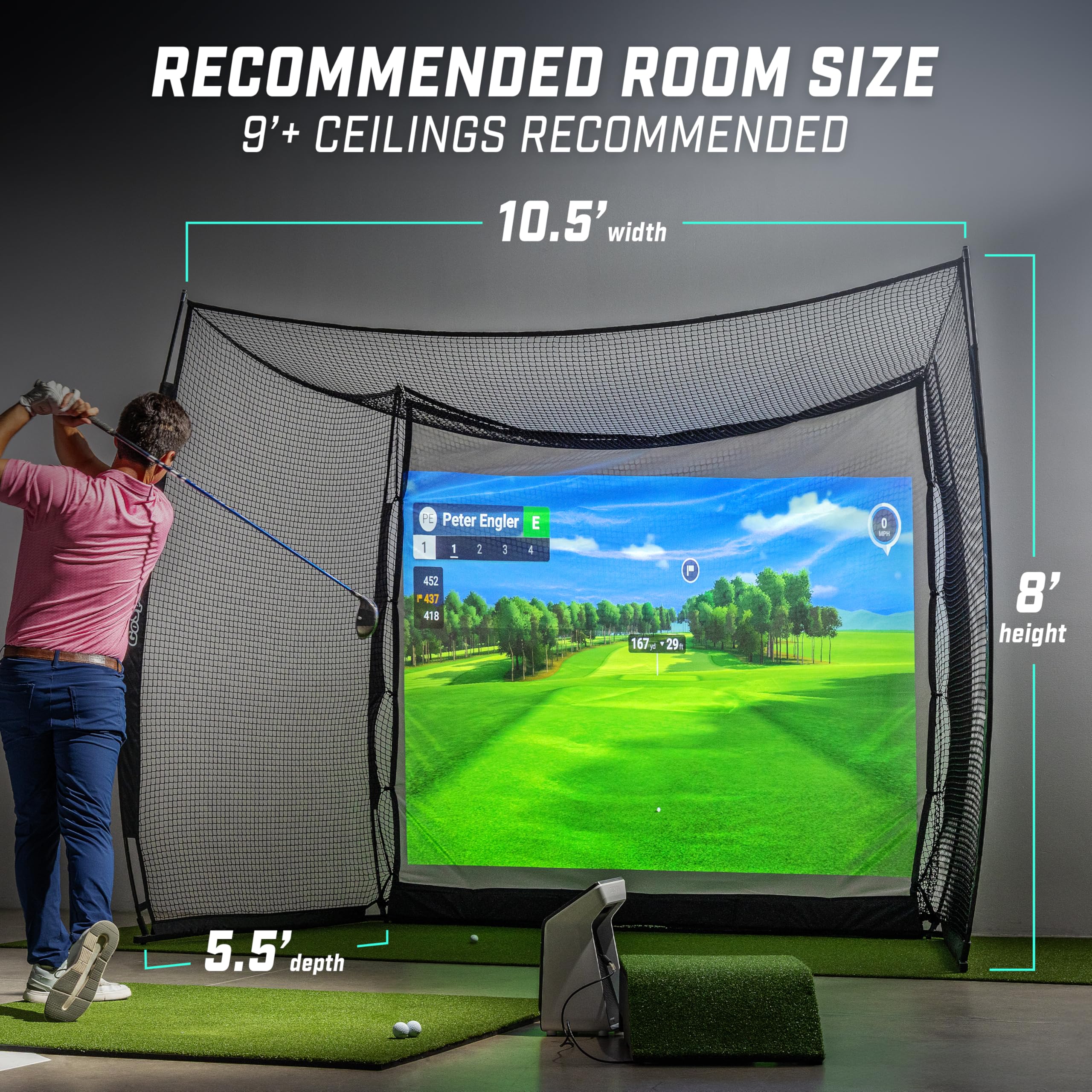 GoSports Range Cage 10 x 8 ft Golf Practice Hitting Net - Choose Between Printed Graphics Impact Screen, Blank Simulator Screen, or Classic Net