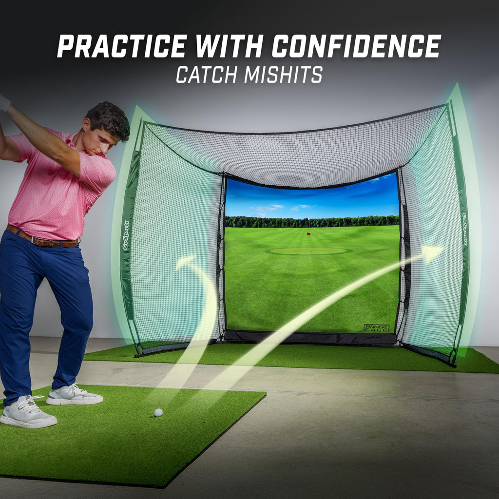 GoSports Range Cage 10 x 8 ft Golf Practice Hitting Net - Choose Between Printed Graphics Impact Screen, Blank Simulator Screen, or Classic Net