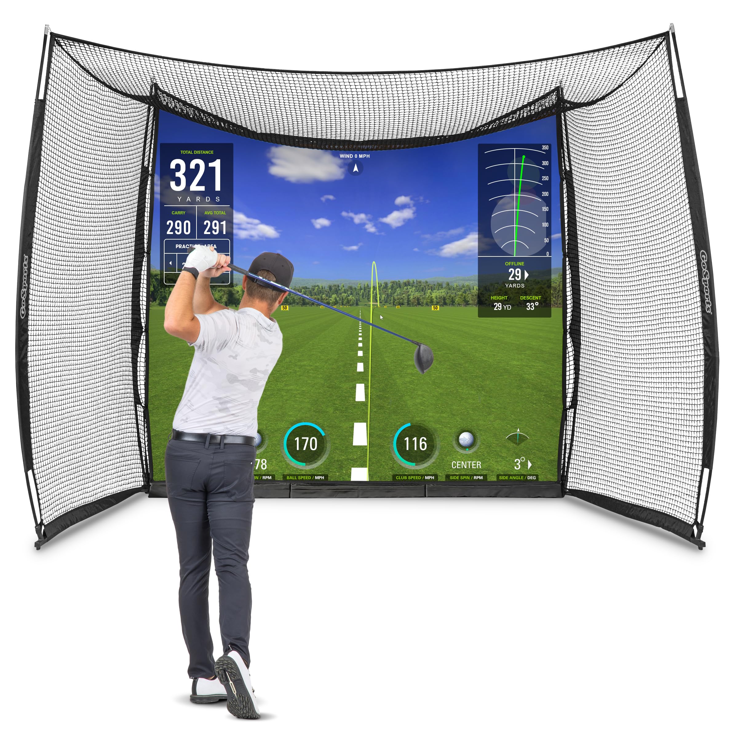 GoSports Range Cage 10 x 8 ft Golf Practice Hitting Net - Choose Between Printed Graphics Impact Screen, Blank Simulator Screen, or Classic Net
