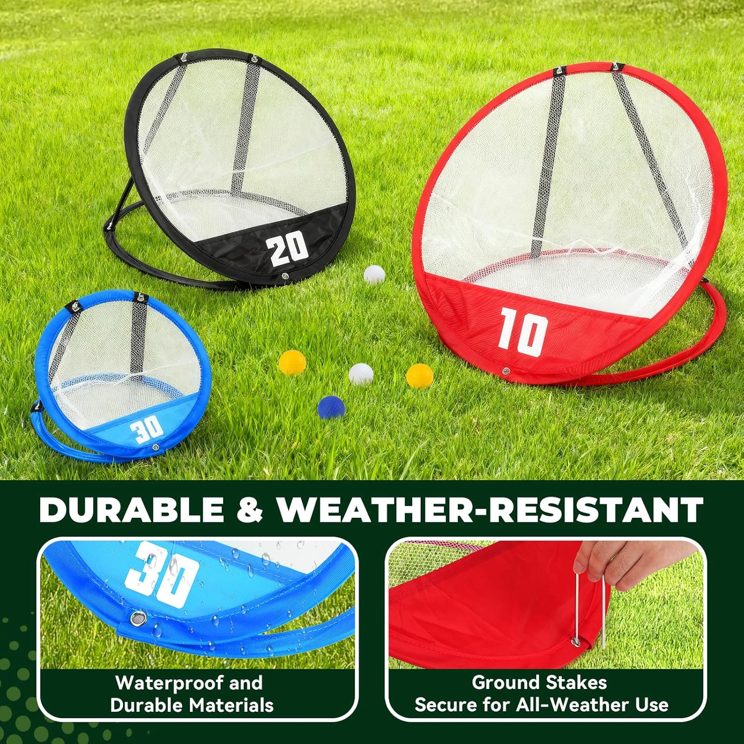 Golf Chipping Net, Golf Chipping Game, 3Pcs Pop-Up Golf Practice Net Backyard with 3 Targets, 15 Balls, 1 Hitting Mat, 1 Storage Bag, Indoor Outdoor Game Gift(Golf Clubs not Included)