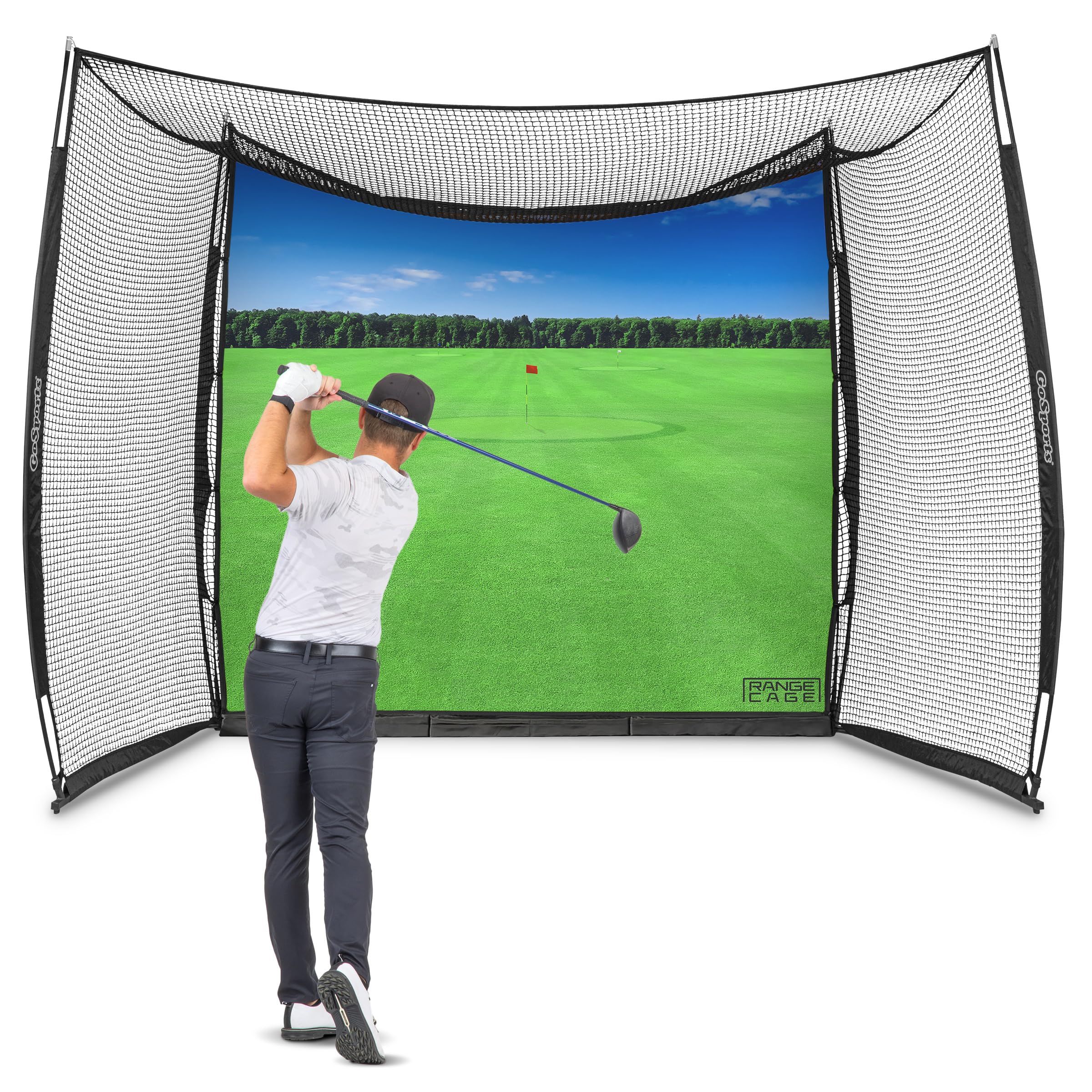 GoSports Range Cage 10 x 8 ft Golf Practice Hitting Net - Choose Between Printed Graphics Impact Screen, Blank Simulator Screen, or Classic Net