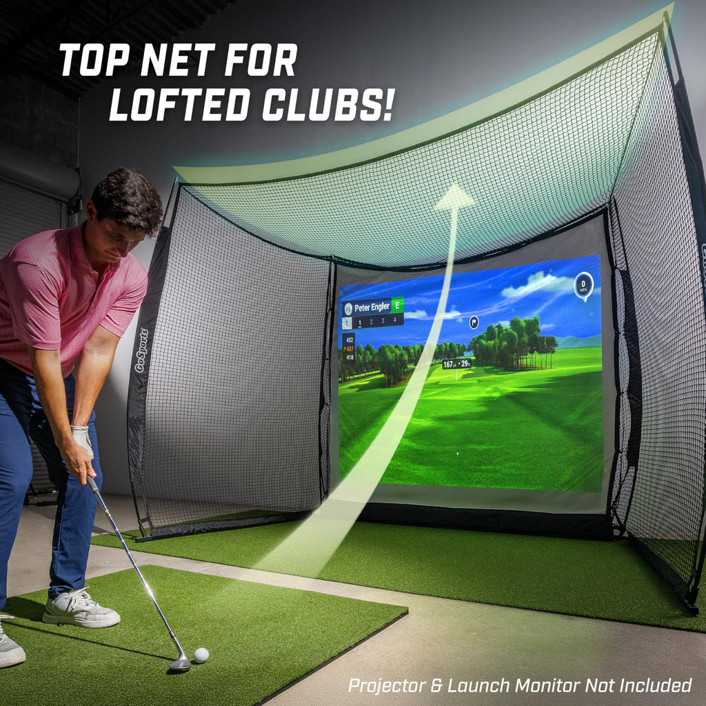 GoSports Range Cage 10 x 8 ft Golf Practice Hitting Net - Choose Between Printed Graphics Impact Screen, Blank Simulator Screen, or Classic Net