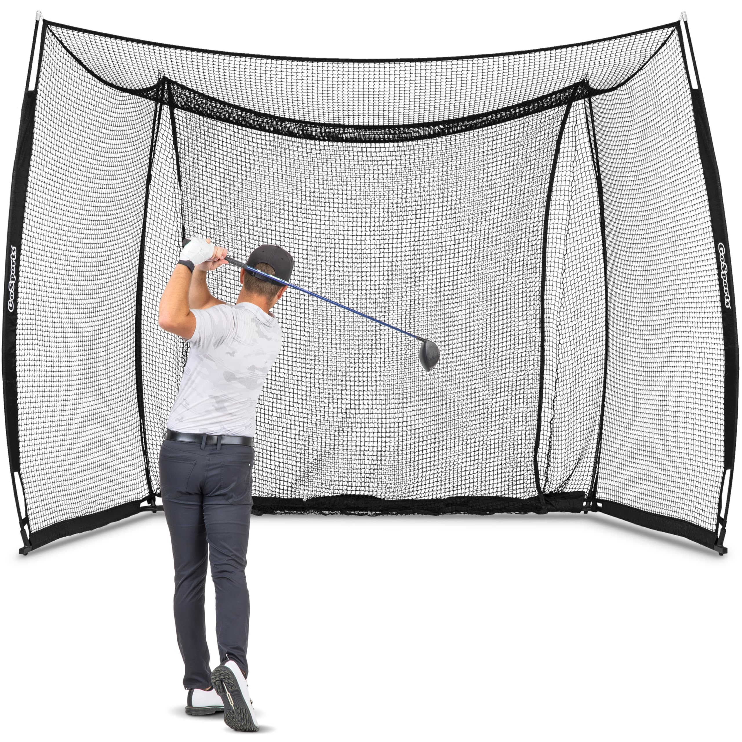 GoSports Range Cage 10 x 8 ft Golf Practice Hitting Net - Choose Between Printed Graphics Impact Screen, Blank Simulator Screen, or Classic Net