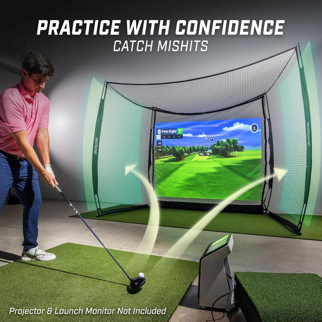 GoSports Range Cage 10 x 8 ft Golf Practice Hitting Net - Choose Between Printed Graphics Impact Screen, Blank Simulator Screen, or Classic Net