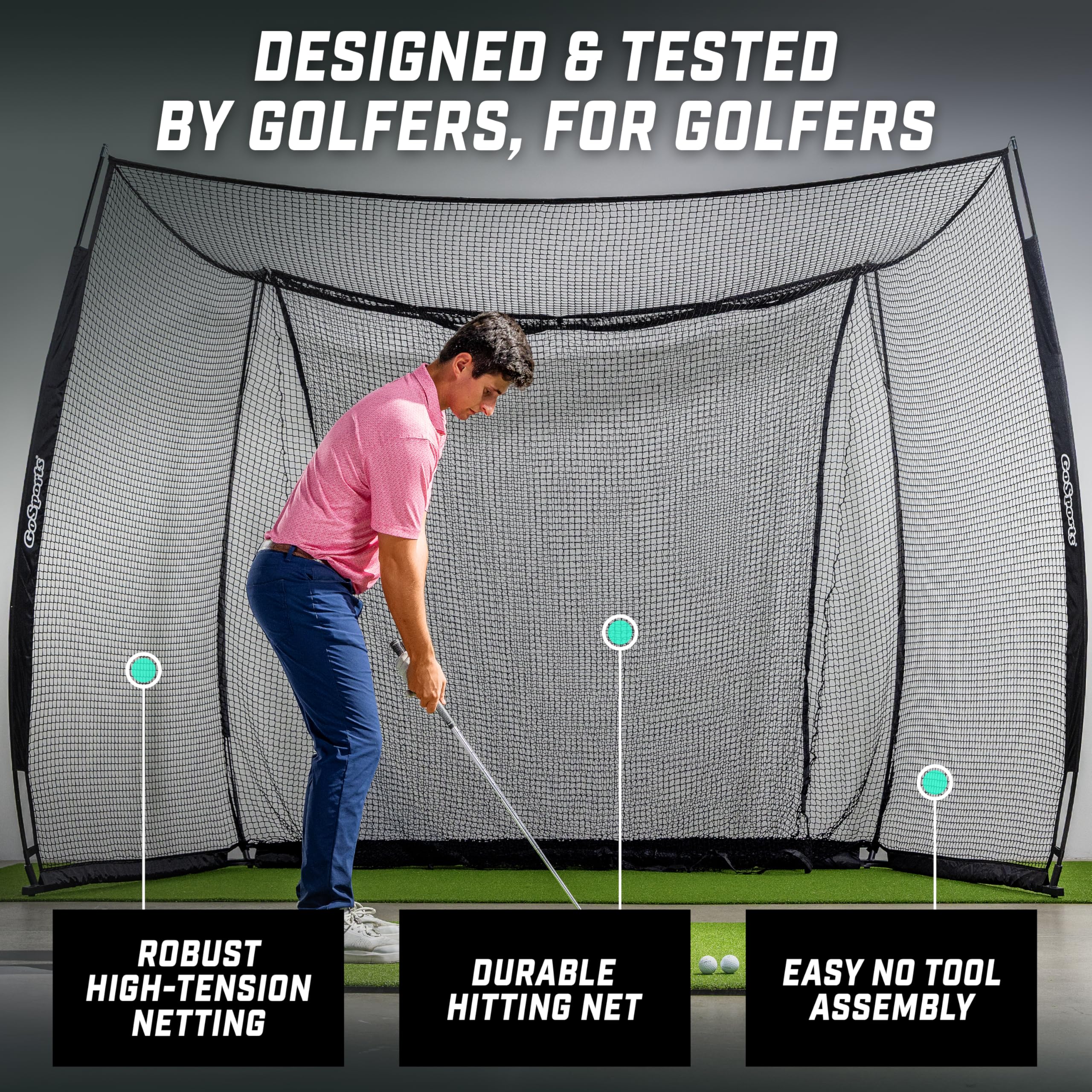 GoSports Range Cage 10 x 8 ft Golf Practice Hitting Net - Choose Between Printed Graphics Impact Screen, Blank Simulator Screen, or Classic Net
