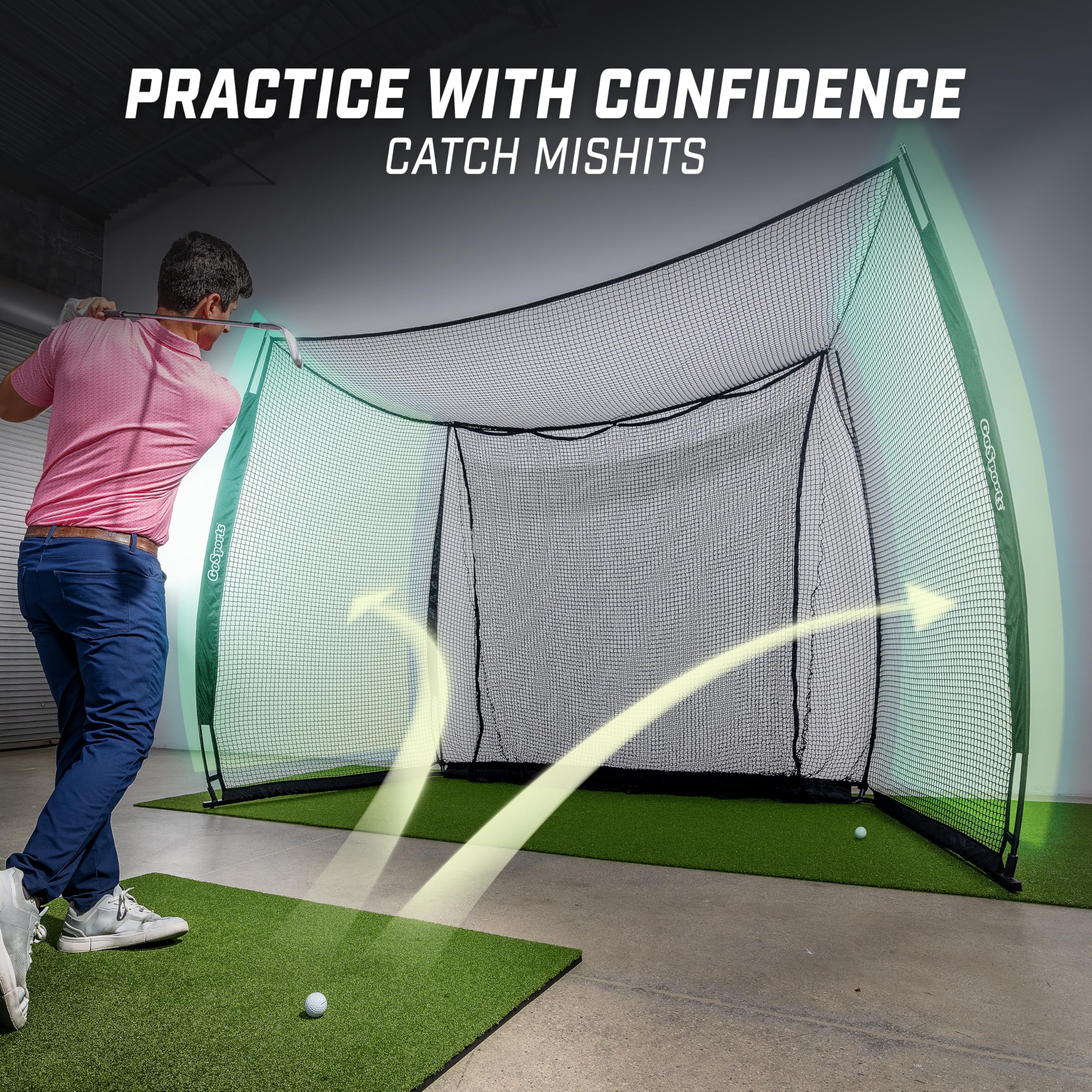 GoSports Range Cage 10 x 8 ft Golf Practice Hitting Net - Choose Between Printed Graphics Impact Screen, Blank Simulator Screen, or Classic Net