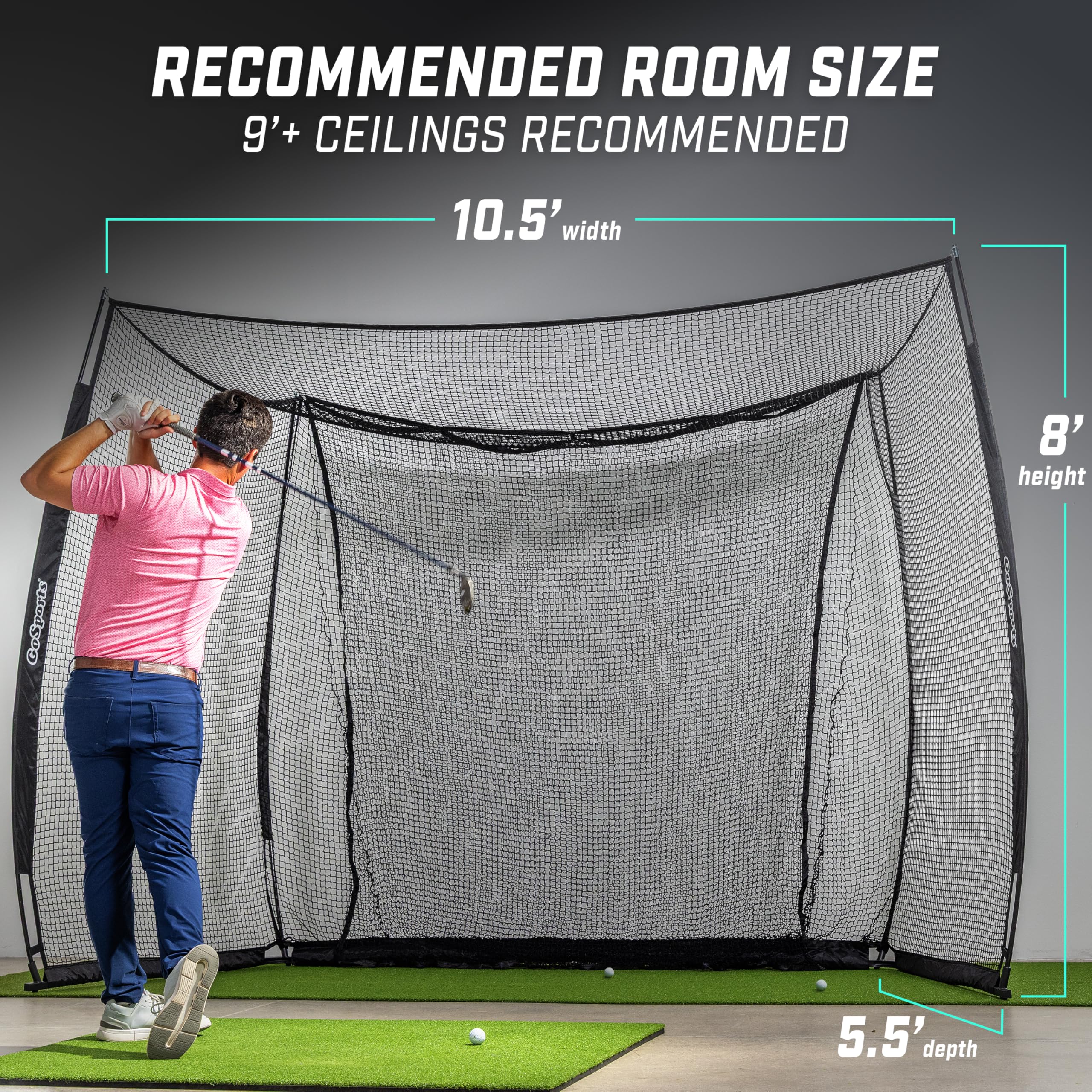 GoSports Range Cage 10 x 8 ft Golf Practice Hitting Net - Choose Between Printed Graphics Impact Screen, Blank Simulator Screen, or Classic Net