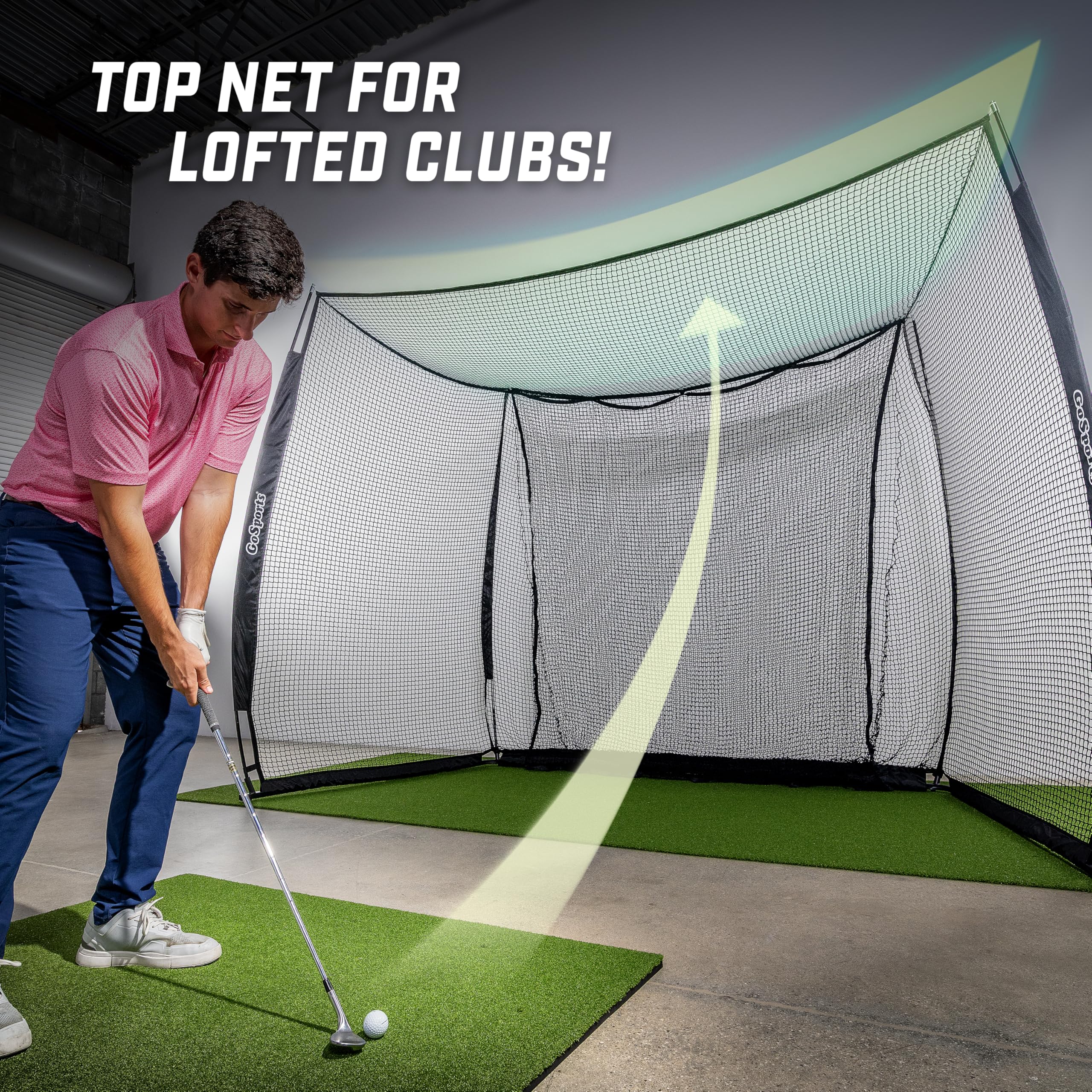 GoSports Range Cage 10 x 8 ft Golf Practice Hitting Net - Choose Between Printed Graphics Impact Screen, Blank Simulator Screen, or Classic Net