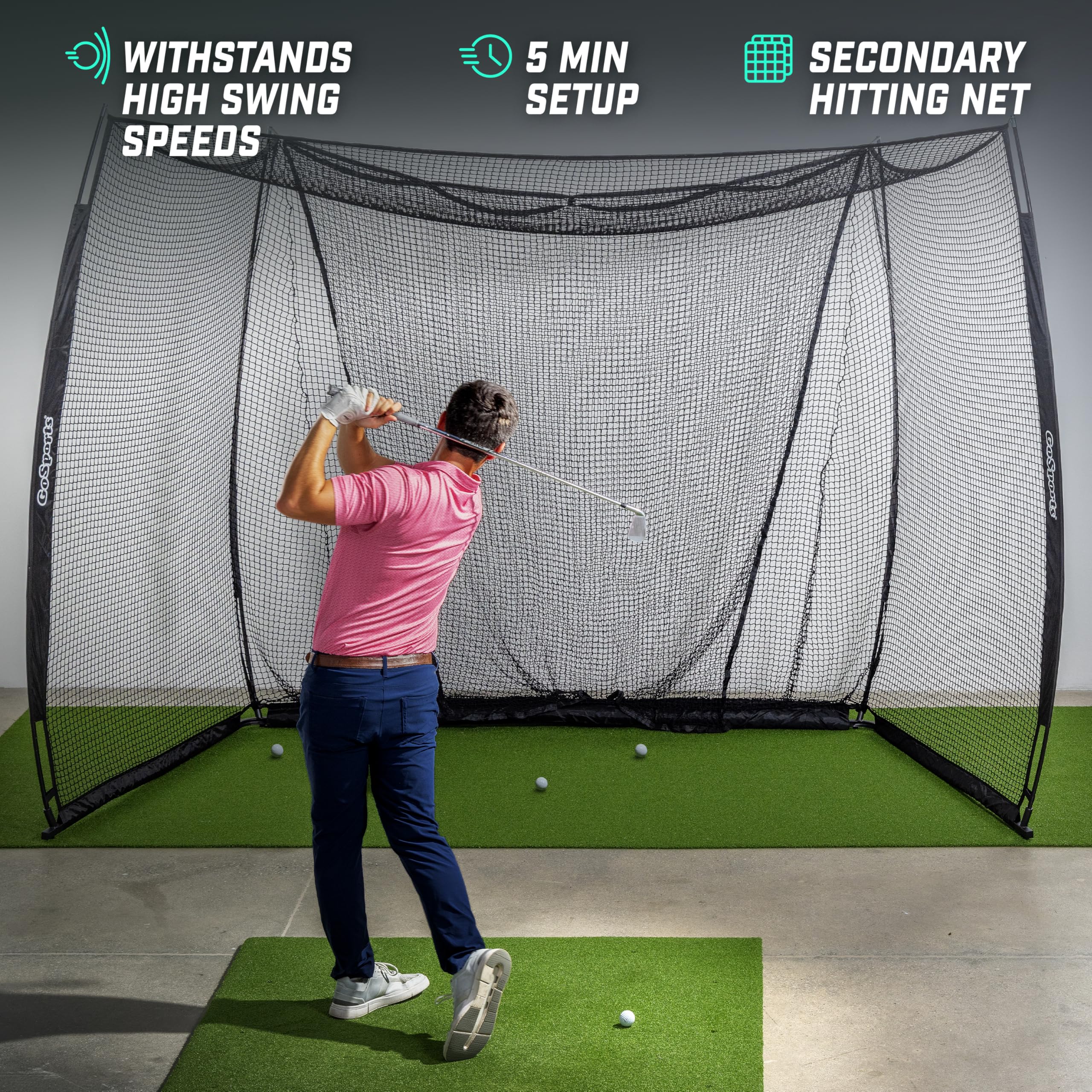 GoSports Range Cage 10 x 8 ft Golf Practice Hitting Net - Choose Between Printed Graphics Impact Screen, Blank Simulator Screen, or Classic Net