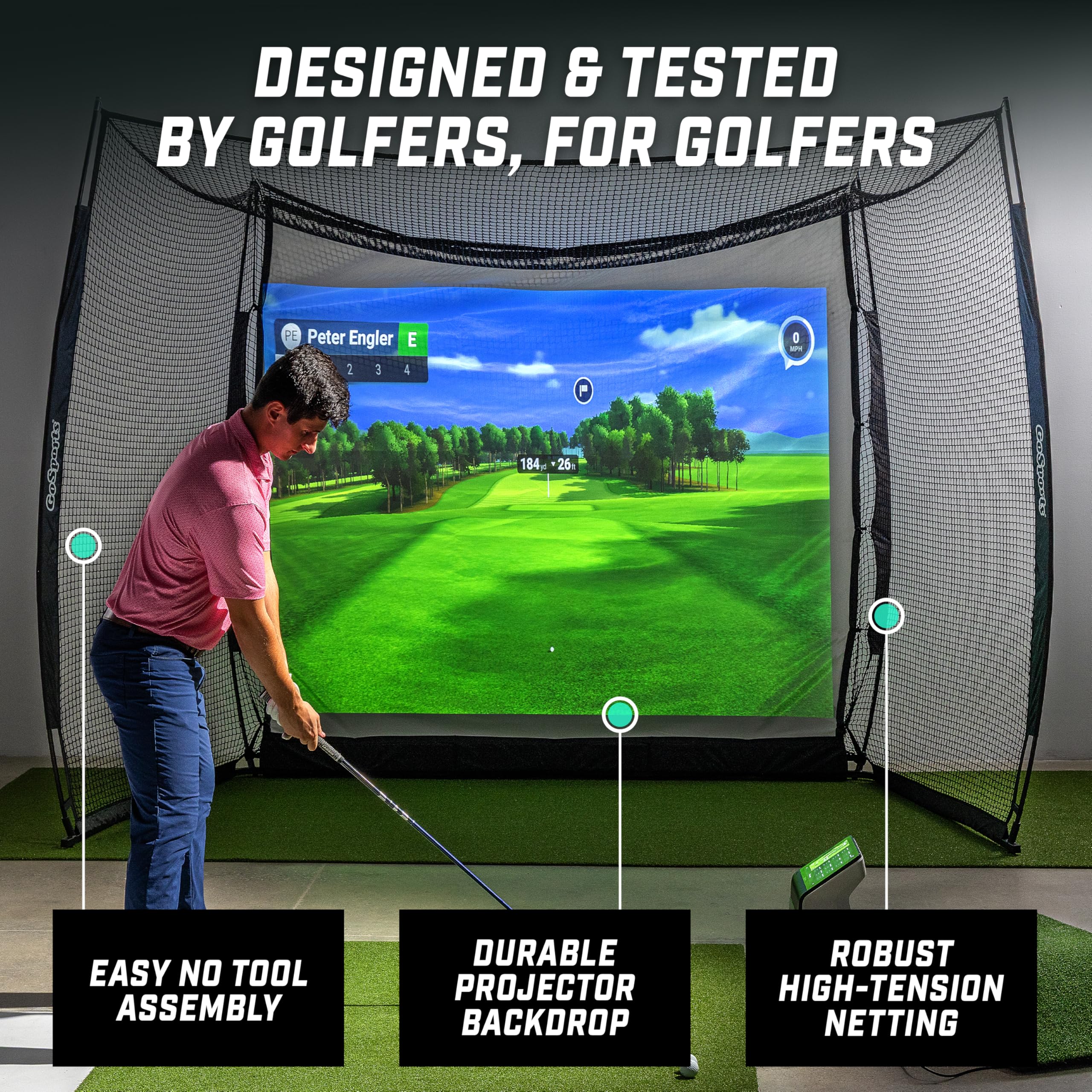 GoSports Range Cage 10 x 8 ft Golf Practice Hitting Net - Choose Between Printed Graphics Impact Screen, Blank Simulator Screen, or Classic Net